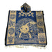 A handcrafted artisanal poncho featuring a blue and beige pre-Hispanic design with an axolotl motif, made in Mexico, measuring 40x43 inches.