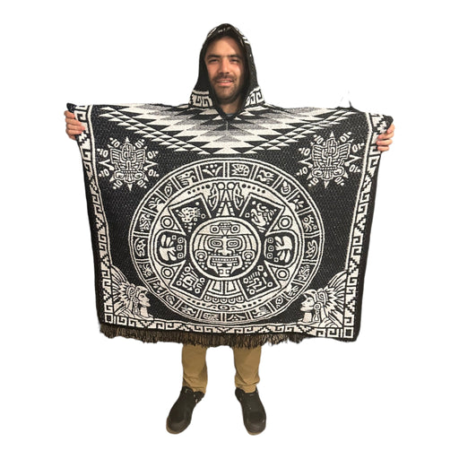 A wool poncho featuring the Aztec calendar and pre-Hispanic designs, measuring 40x43 inches, perfect for casual wear or as a decorative piece.