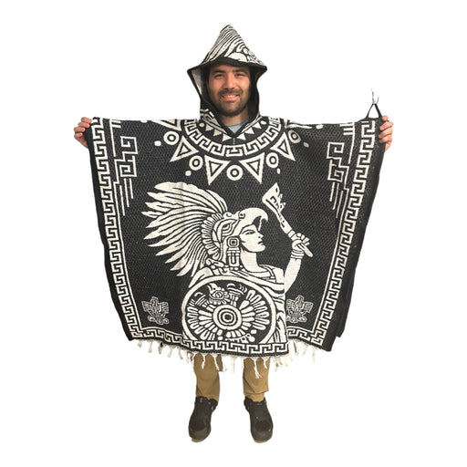 Alt Text:
A wool poncho featuring a detailed Aztec warrior design surrounded by pre-Hispanic symbols, measuring 40x43 inches, perfect for casual wear or as a decorative piece