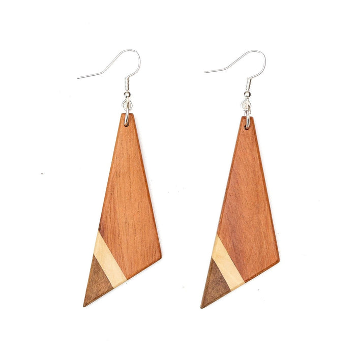 Asymmetric Tri - Tone Wood Triangle Earrings - CEMCUI