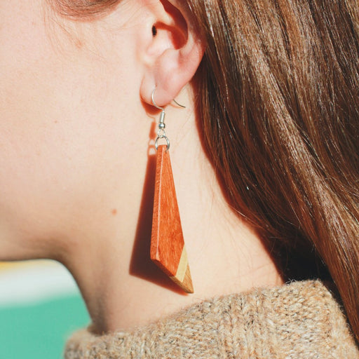 Asymmetric Tri - Tone Wood Triangle Earrings - CEMCUI