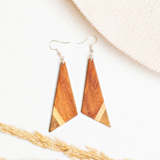 Asymmetric Tri - Tone Wood Triangle Earrings - CEMCUI