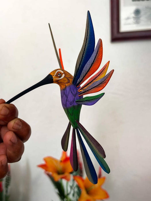 Beautiful Alebrije "colibri" Orange Head Humming Bird handpainted by Margarito Copal wood 15 Wings - CEMCUI