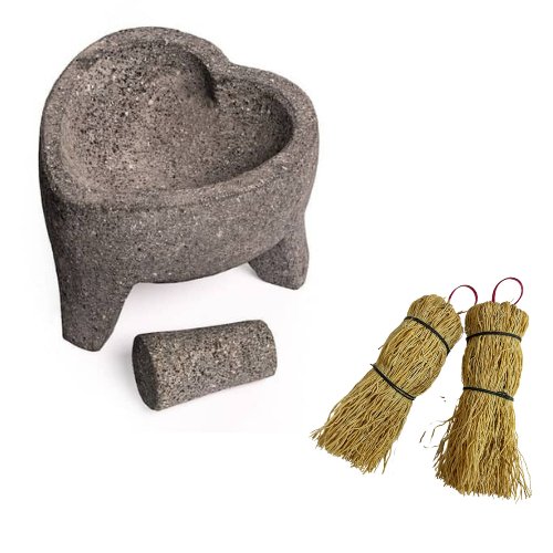 Bundle Heart Tradicional Set: Molcajete 8 Inch with 2 Paja Cleaning Brushes - CEMCUI