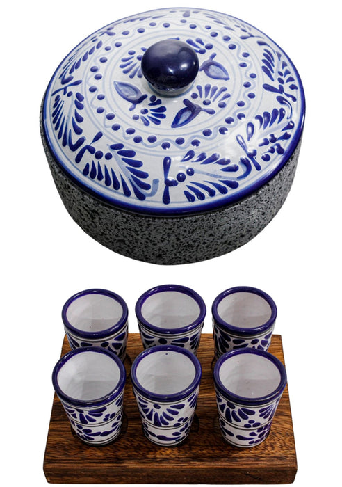 Bundle: Tortillero Teotl 8" and Set of 6 Talavera Tequila Shot Glasses - CEMCUI