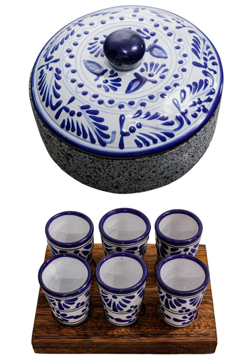 Bundle: Tortillero Teotl 8" and Set of 6 Talavera Tequila Shot Glasses - CEMCUI