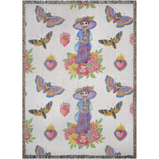 Catrina, moths and cempazuchitl flower Woven Blankets. Mexican blanket. Mexican folk art - CEMCUI