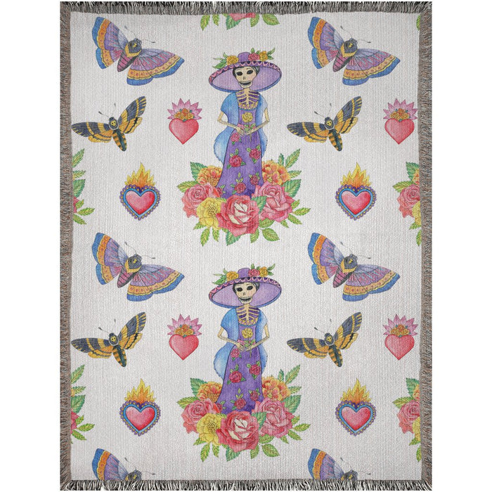 Catrina, moths and cempazuchitl flower Woven Blankets. Mexican blanket. Mexican folk art - CEMCUI