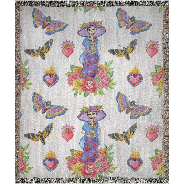 Catrina, moths and cempazuchitl flower Woven Blankets. Mexican blanket. Mexican folk art - CEMCUI