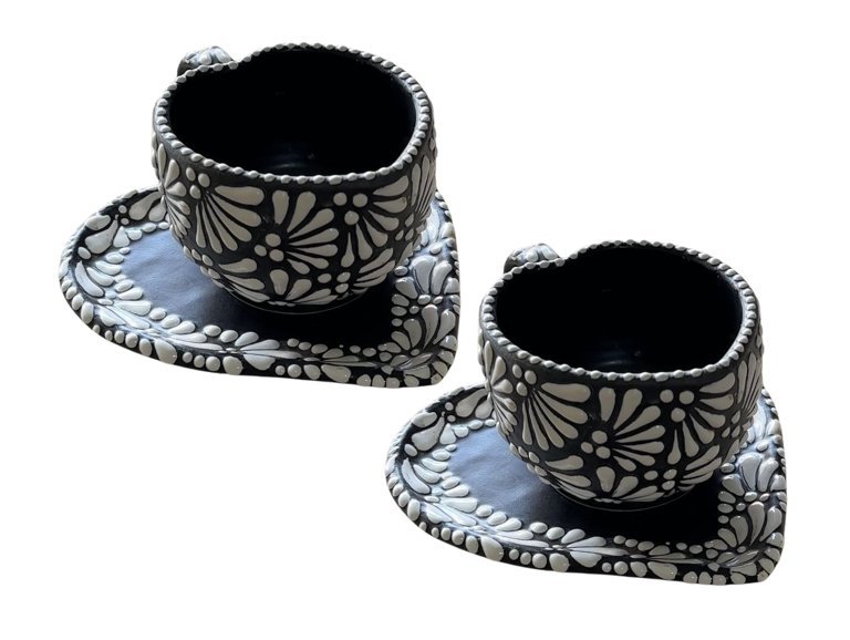 Craft by Order Beautiful 2 Talavera Heart Taza and Heart Plate Black and white Mug - CEMCUI