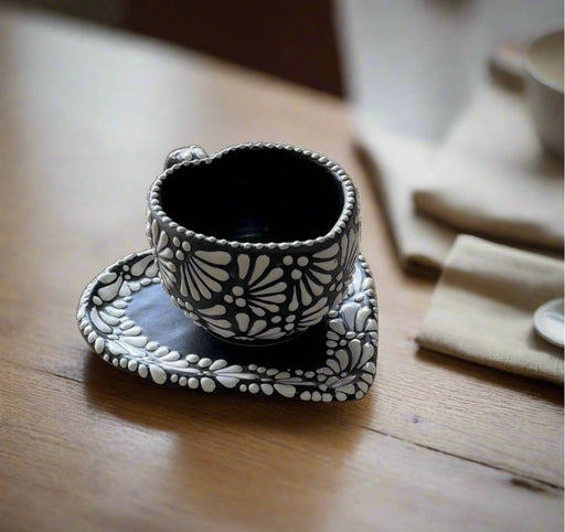 Craft by Order Beautiful 2 Talavera Heart Taza and Heart Plate Blakc and white - CEMCUI