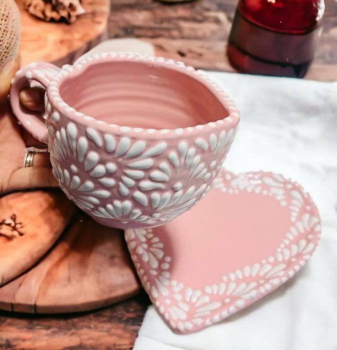 Craft by Order Beautiful 2 Talavera Heart Taza and Heart Plate Pink Mug - CEMCUI