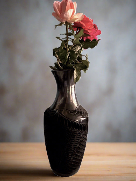 Craft by order Beautiful Black Clay Flower Pot , Florero Decorative Pot handmade in Oaxaca, barro negro 11 x 5.5 in - CEMCUI