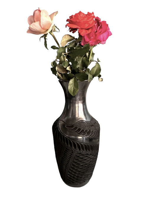 Craft by order Beautiful Black Clay Flower Pot , Florero Decorative Pot handmade in Oaxaca, barro negro 11 x 5.5 in - CEMCUI