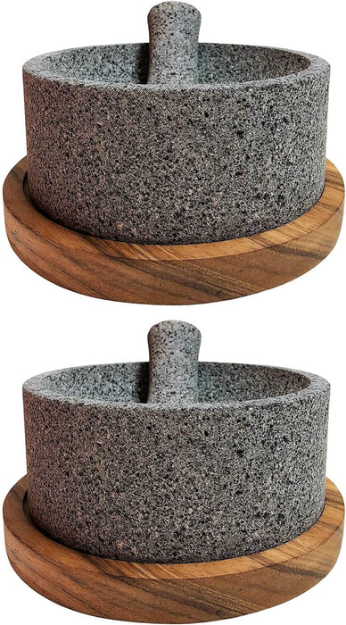 Craft by Order - Bundle of 2 Mexican Volcanic Stone Molcajete "Chilmamolli" King 8 Inches With Wooden Base - CEMCUI