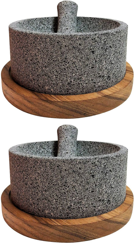 Craft by Order - Bundle of 2 Mexican Volcanic Stone Molcajete "Chilmamolli" King 8 Inches With Wooden Base - CEMCUI