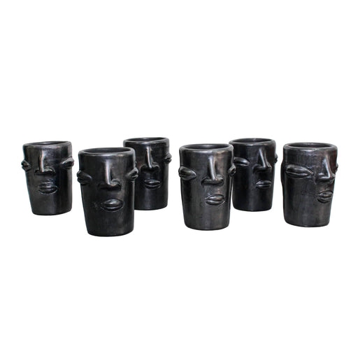 Craft by Order - Minimalist set of 6 cups made of black clay with face - CEMCUI