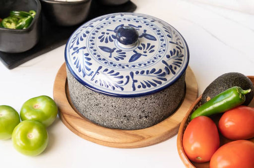 Craft by Order Molcajete Chilmamolli with Talavera Lid and Wooden Base 8 inches - CEMCUI