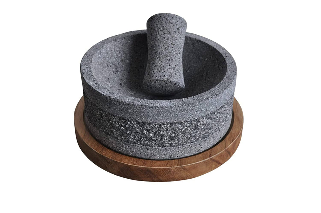 Craft by order - Set of 2 Volcanic Stone Molcajete Yolias 8 Inch With Wooden Base 35 Oz - CEMCUI