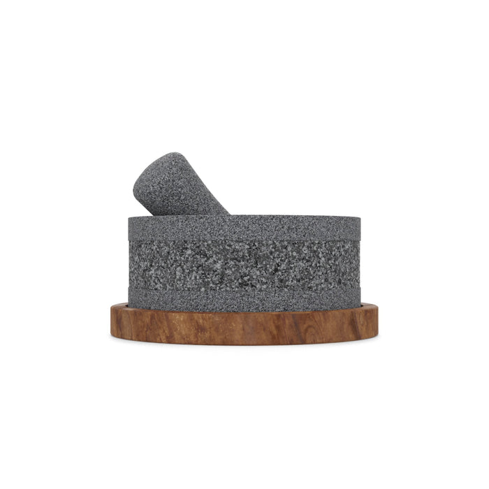 Craft by order - Set of 2 Volcanic Stone Molcajete Yolias 8 Inch With Wooden Base 35 Oz - CEMCUI