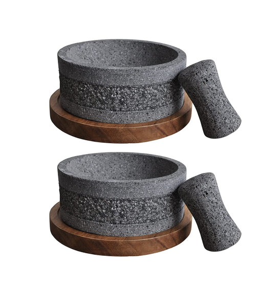 Craft by order - Set of 2 Volcanic Stone Molcajete Yolias 8 Inch With Wooden Base 35 Oz - CEMCUI