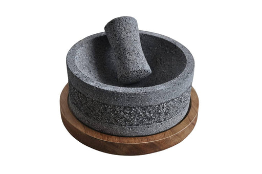 Craft by order - Set of 2 Volcanic Stone Molcajete Yolias 8 Inch With Wooden Base 35 Oz - CEMCUI