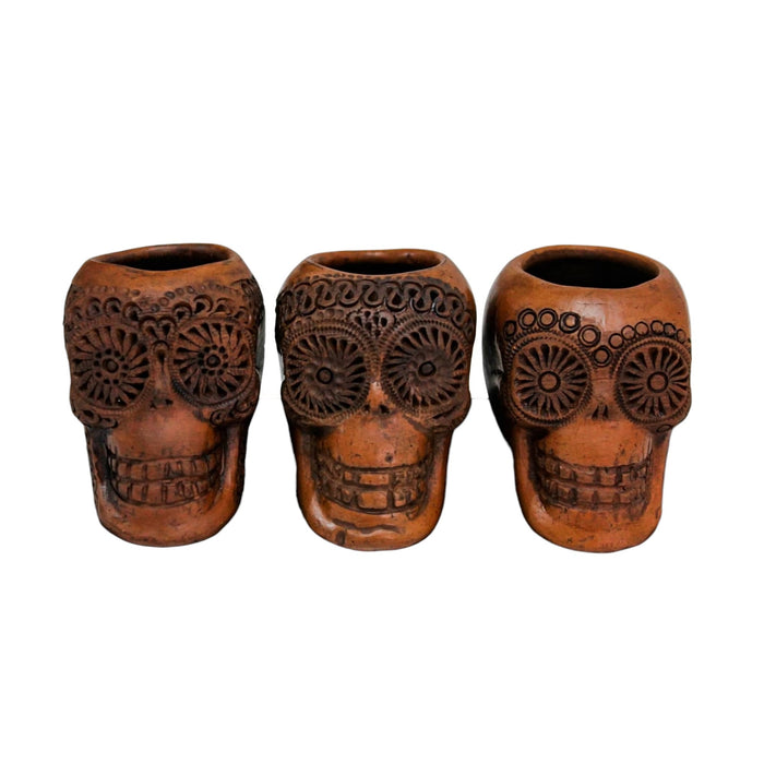 Craft by Order - Set of 3 Black Clay Skull Tequilero Shot Glass - CEMCUI