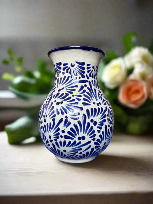 Craft By Order Talavera Florero 8 inches tall Flower Base Traditional Blue Talavera - CEMCUI