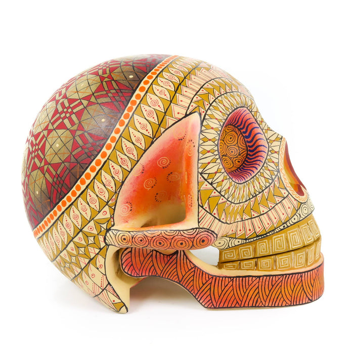 Day of The Dead Skull (White & Orange) - Oaxacan Alebrije Wood Carving - CEMCUI