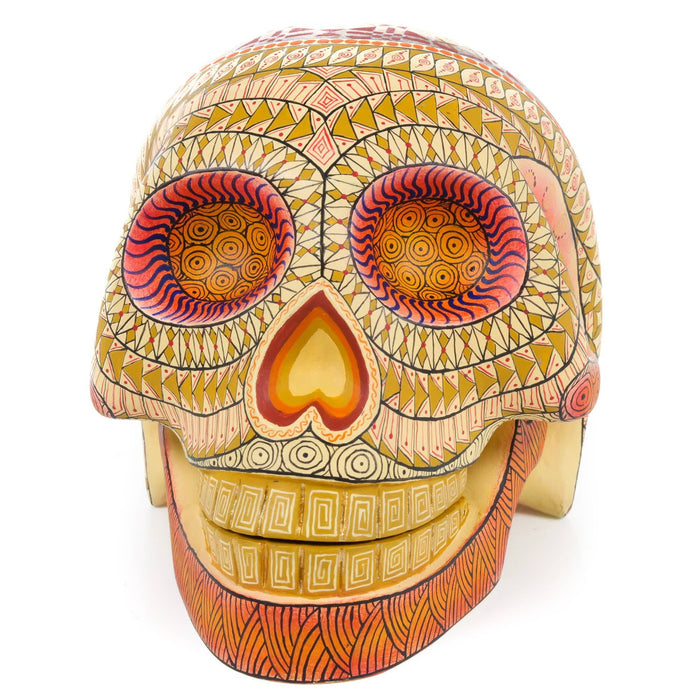 Day of The Dead Skull (White & Orange) - Oaxacan Alebrije Wood Carving - CEMCUI