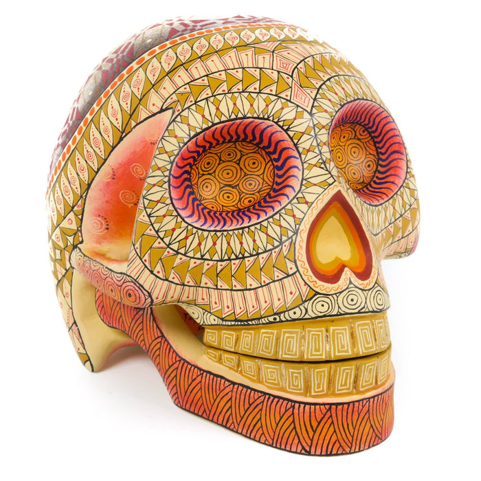 Day of The Dead Skull (White & Orange) - Oaxacan Alebrije Wood Carving - CEMCUI