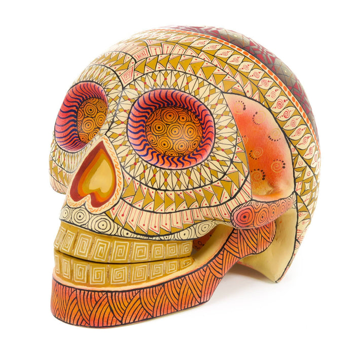 Day of The Dead Skull (White & Orange) - Oaxacan Alebrije Wood Carving - CEMCUI