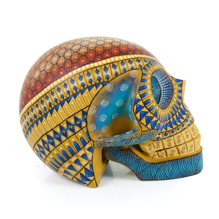 Day of The Dead Skull (Yellow & Blue) - Oaxacan Alebrije Wood Carving - CEMCUI