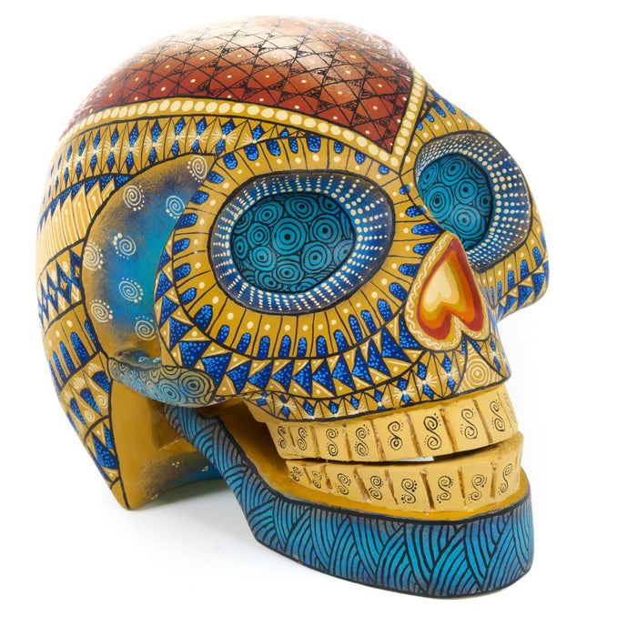 Day of The Dead Skull (Yellow & Blue) - Oaxacan Alebrije Wood Carving - CEMCUI