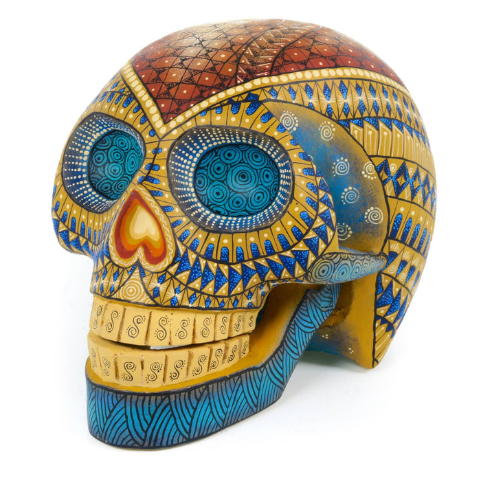 Day of The Dead Skull (Yellow & Blue) - Oaxacan Alebrije Wood Carving - CEMCUI