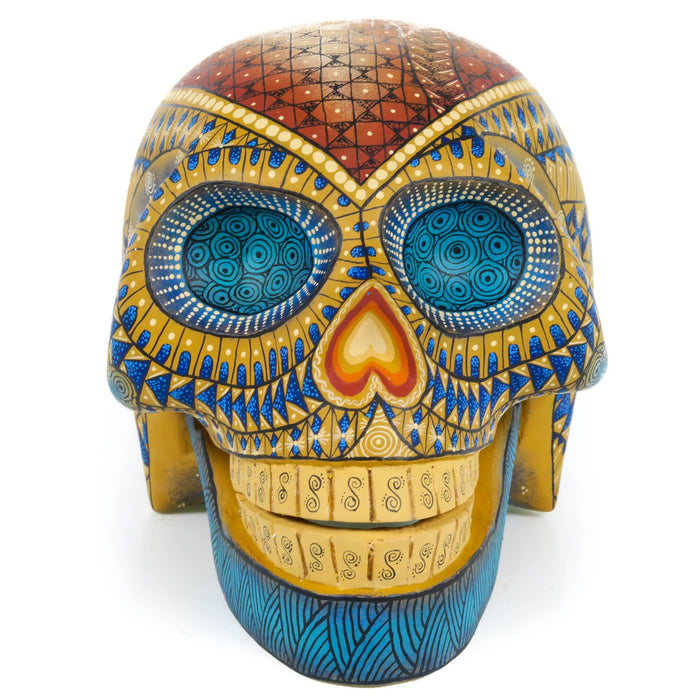 Day of The Dead Skull (Yellow & Blue) - Oaxacan Alebrije Wood Carving - CEMCUI