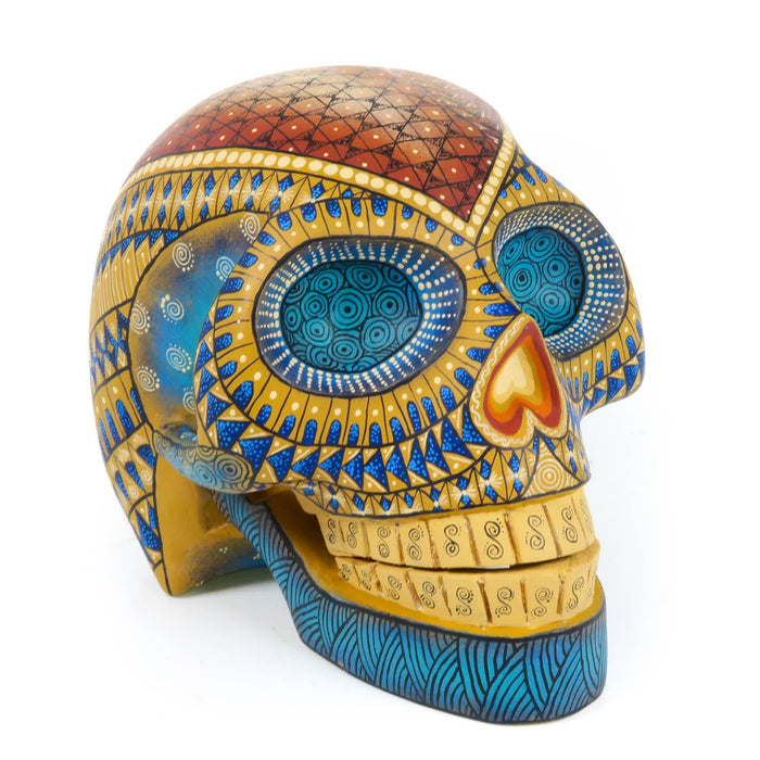 Day of The Dead Skull (Yellow & Blue) - Oaxacan Alebrije Wood Carving - CEMCUI