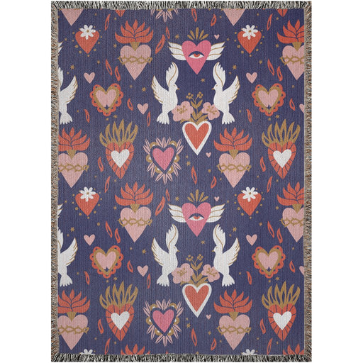 Doves, pink flowers and red sacred Hearts Woven Blanket. Mexican folk throw blanket - CEMCUI