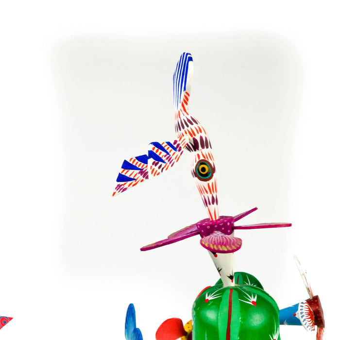 Flowering Cactus With Hummingbirds - Oaxacan Alebrije Wood Carving - CEMCUI