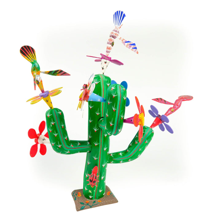 Flowering Cactus With Hummingbirds - Oaxacan Alebrije Wood Carving - CEMCUI