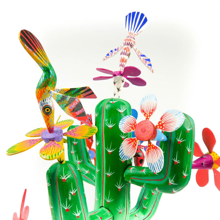 Flowering Cactus With Hummingbirds - Oaxacan Alebrije Wood Carving - CEMCUI