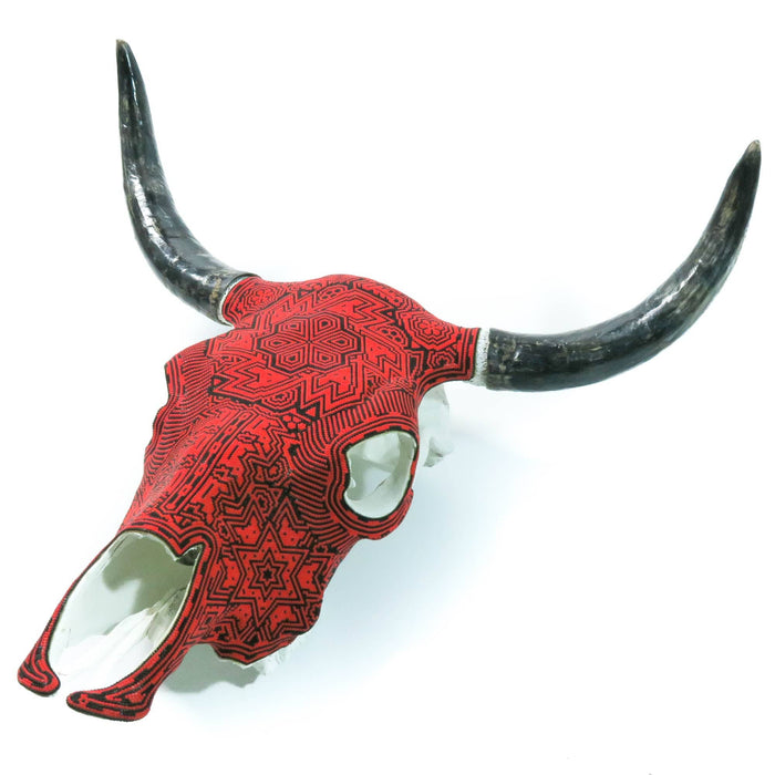 Huichol Beaded Bull Skull Wall Mount Mexican Folk Art (Red & Black) - CEMCUI