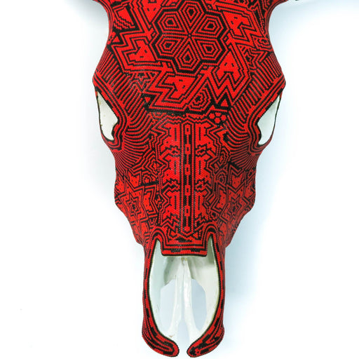 Huichol Beaded Bull Skull Wall Mount Mexican Folk Art (Red & Black) - CEMCUI