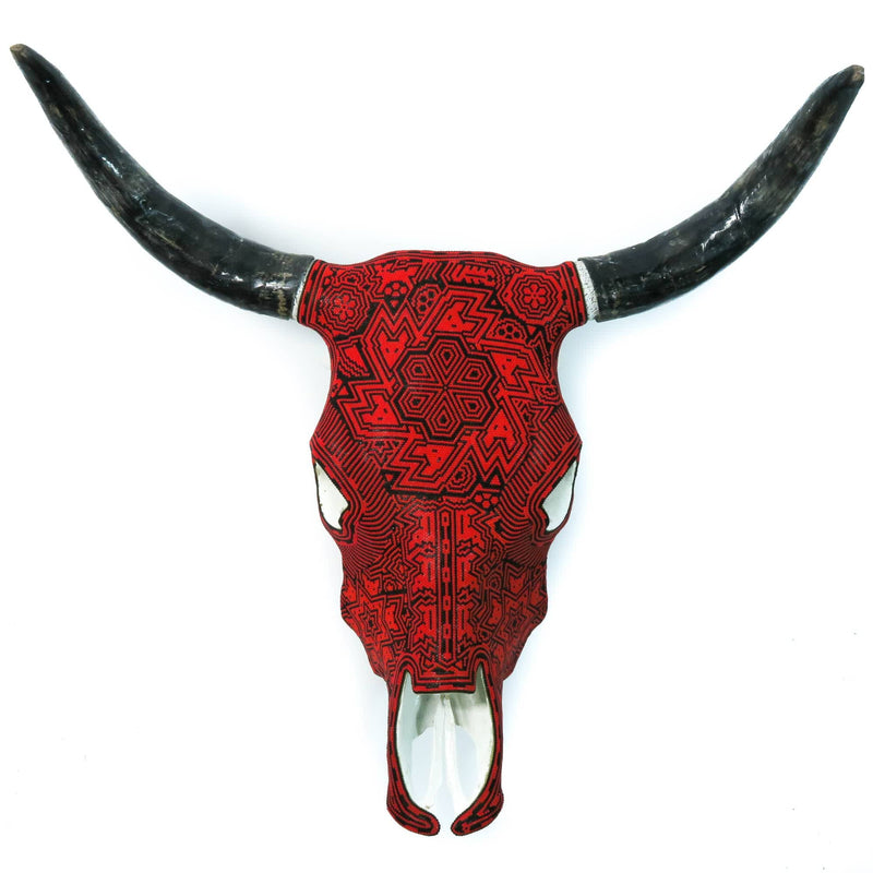 Huichol Beaded Bull Skull Wall Mount Mexican Folk Art (Red & Black) - CEMCUI