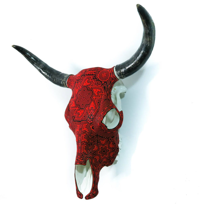 Huichol Beaded Bull Skull Wall Mount Mexican Folk Art (Red & Black) - CEMCUI