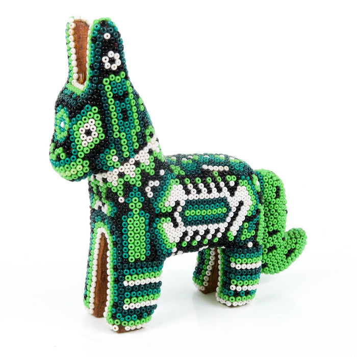 Huichol Beaded Donkey Wixarika Wood Carving Art (Green) - CEMCUI