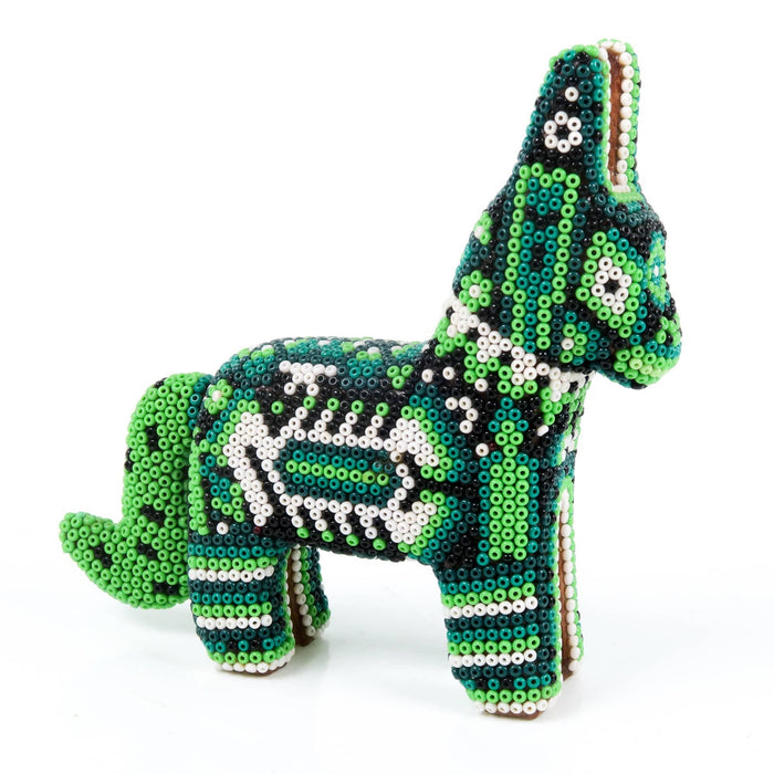 Huichol Beaded Donkey Wixarika Wood Carving Art (Green) - CEMCUI