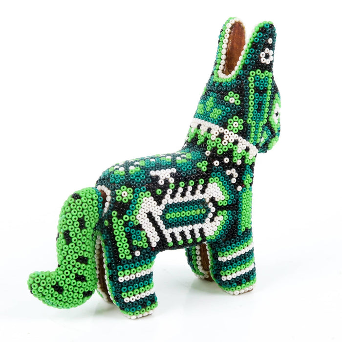 Huichol Beaded Donkey Wixarika Wood Carving Art (Green) - CEMCUI