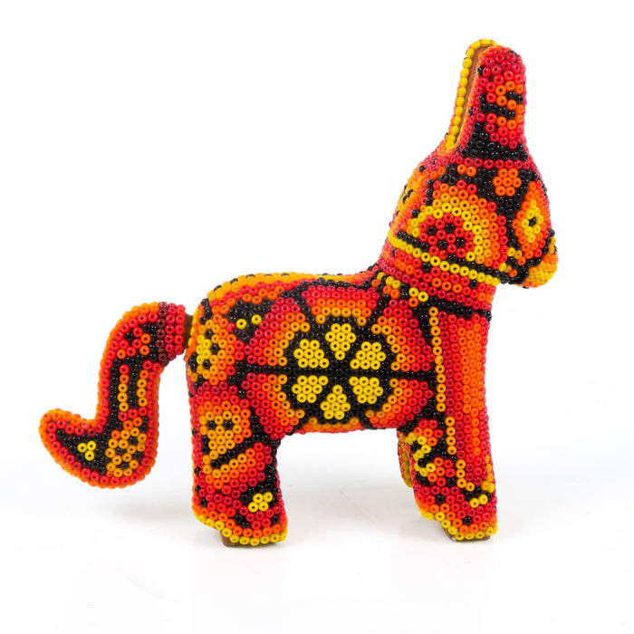 Huichol Beaded Donkey Wixarika Wood Carving Art (Orange) - CEMCUI