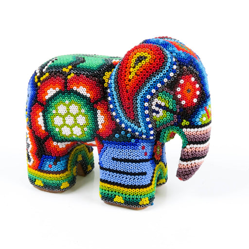 Huichol Beaded Elephant Wixarika Wood Carving Art - CEMCUI